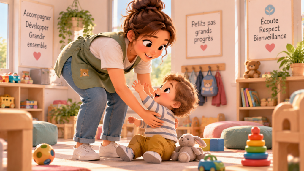 elle se baisse pour porter l'enfants