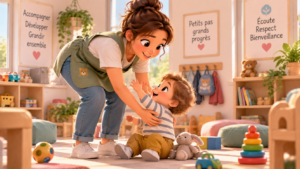 elle se baisse pour porter l'enfants
