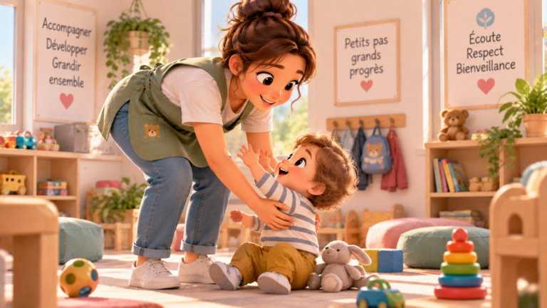 elle se baisse pour porter l'enfants