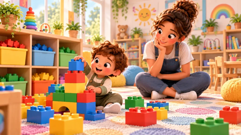Enfnats qui joue en jeu libre et aménagement de la crèche